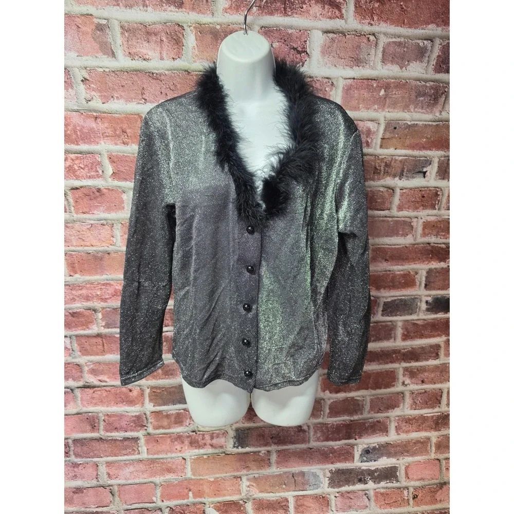 Women's CAREN SPORT Vintage Silver Metallic‎ Marabou Feather Trim Cardigan 1XL
